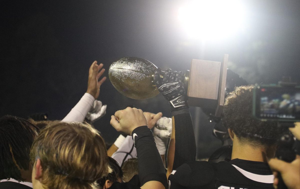 The Hawks celebrate their win against Spring Hill by lifting the District trophy to the sky.