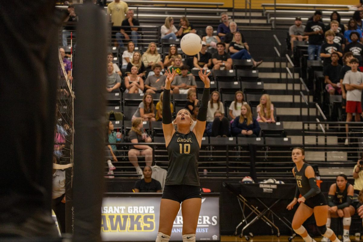 During the game vs Tatum, senior Maggie Prejean sets the ball to the outside hitter.